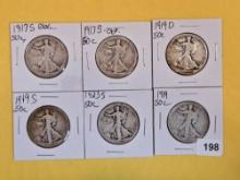 Six early date Walking Liberty Half Dollars