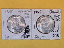 Two Brilliant Uncirculated 1955 Franklin Half Dollars