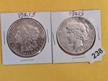 1921-S Morgan and 1927-S Peace silver Dollars