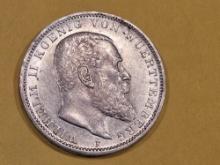 1910-F German States Wuerttemberg silver 3 marks in Bright About Uncirculated