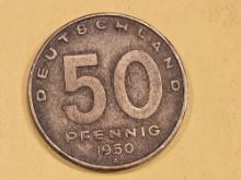 1950 East Germany 50 pfennig in Extra Fine