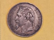 1869-BB France silver 5 francs in Very Fine plus