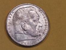 Bright About Uncirculated plus 1936-A Nazi Germany silver 5 marks