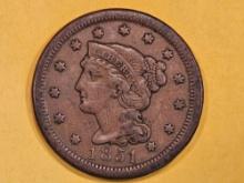 1851 Braided Hair Large Cent in Extra Fine