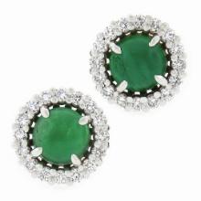 NEW 18k White Gold 1.72 ctw Round Cabochon Emerald w/ Diamond Halo Stud Earrings