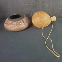 Handmade myan ceramic bowl handcarved coconut jug Costa Rica