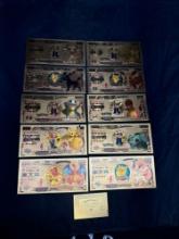 10x 24kt Gold Plated Pokemon 10k Bills With COA