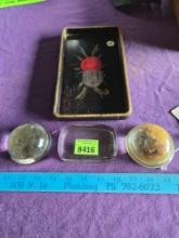 3- Heavy, Vintage Glass Paperweights/Magnifier, and Hand Painted Wood Tray.