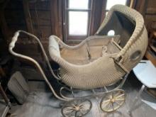 Antique Wicker Baby Carriage With Winter Baby Cover