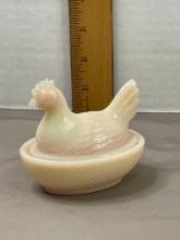 Boyd Glass Hen on a Basket White with Pink
