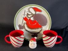 12" Santa plate w/ 2 coffee mugs & santa head toothpick holder