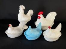 White slag glass w/ depictions of roosters & hens -see photo's-