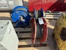 (2) COXREELS AIR HOSE REELS, (1) SPOOL OF BALE WIRE