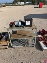 ROLLING SHOP CART & PALLET W/ ASSORTED SUCKER ROD PUP JTS & HYDRAULIC FITTINGS