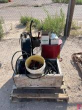 (2) PALLETS W/ STRAPPING MACHINE, OIL WASTE CAN, HYD FITTINGS, ASSORTED WATER & HYDRAULIC HOSES