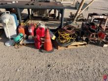 LOT OF ASSORTED GAS CANS, WATER HOSES, FUNNELS, & WAGON