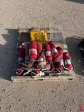 PALLET OF (12) ASSORTED FIRE EXTINGUISHERS, LOCK-OUT TAGS, SAFETY SIGNS