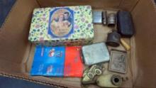 Whitman Chocolate Tin, Buzz Book, Oil Container, Whistle, Lighter