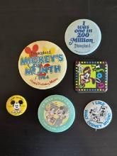 6 Misc Disney Parks Cast Buttons, Disneyland Mickeys Month 1984, Happy Birthday Mickey 1978, I was o