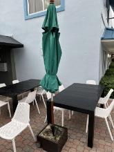 (2) Green Fabric Umbrellas w/17.5" Square Mobile Stands (1 may need repair)