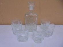 Crystal Decanter w/ 6 Matching Rocks Glasses