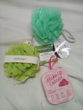 3Pc Shower Accessory Lot- Loofa, Eco Cleansing Pod, Makeup Eraser