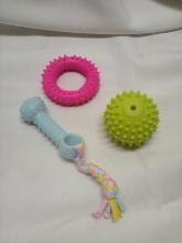 Lot of 3 Various Small Dog Chew Toys- Tug-o-war Toy, Squeak Ball, Chew Ring