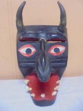 Carved Wooden Mask w/ Horns & Real Teeth
