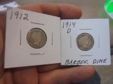 1912 & 1914 D Mint Silver Barber Dimes