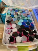 BOX OF BLUE, BLACK, AND GRAY RUG HOOKING SUPPLIES