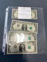 4 UNCIRCULATED IN SEQUENCE DOLLAR BILLS