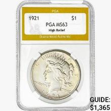 1921 Silver Peace Dollar PGA MS63 High Relief