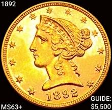 1892 $5 Gold Half Eagle CHOICE BU+