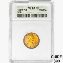 1909 Wheat Cent ANACS MS62 RB