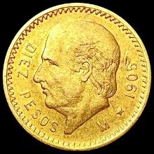 1905 Mexico Gold 10 Pesos 0.2411oz CLOSELY UNCIRCULATED