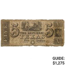 1839 $5 FIVE DOLLARS THE REPUBLIC OF TEXAS AUSTIN, TX OBSOLETE TREASURY NOTE
