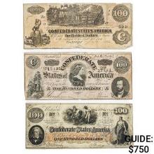 LOT OF (3) 1862-1864 $100 CSA CONFEDERATE STATES OF AMERICA CURRENCY NOTES
