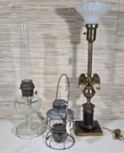 3 Antique Lamps incl. N.Y.C.S. Railroad Kerosene Lamp