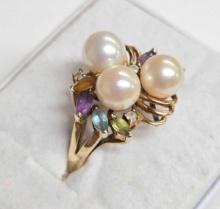 14k Gold Pearl and Gemstone Ring