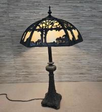 Antique Metal Cage Slag Glass Lamp
