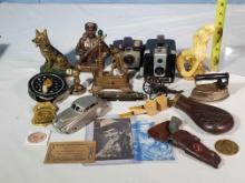 Tray Lot with Camera, Child's Sad Iron, Doorstop, Fly Fishing Reel and More