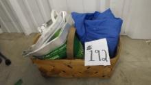 basket with content, cold food shopping bags and coleman rain coat