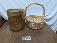 Plastic and Metal Trash Can, Woven Wooden Basket