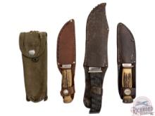 Lot Three KA-BAR Union Cutlery Fixed Blade Knives with Leather Sheaths