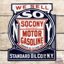 We Sell Socony Motor Gasoline Die Cut DS Porcelain Flange Sign