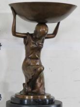 Stunning XL Bronze Statue on Marble Base of a Beautiful Roman Lady in Toga Holding a Big Bowl/Tray