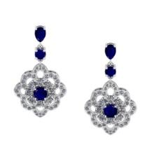5.20 Ctw VS/SI1 Blue Sapphire And Diamond 14K White Gold Dangling Earrings (ALL DIAMOND ARE LAB GROW