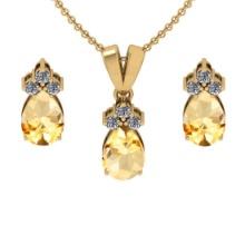 4.15 Ctw VS/SI1 Citrine and Diamond 14K Yellow Gold Pendant +Earrings Necklace Set (ALL DIAMOND ARE
