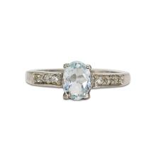 14K White Gold Ring Aquamarine & Diamonds Size -