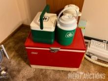 Coleman chest type cooler, Pioneer thermos jugs, Igloo lunch box